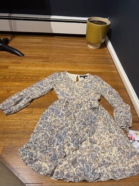 Kohl's Beige Paisley Long Sleeve Girl's Dress with Blue Accents